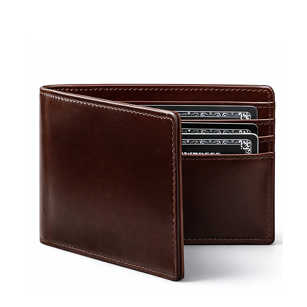 Brown leather bifold wallet partially open with card slots visible