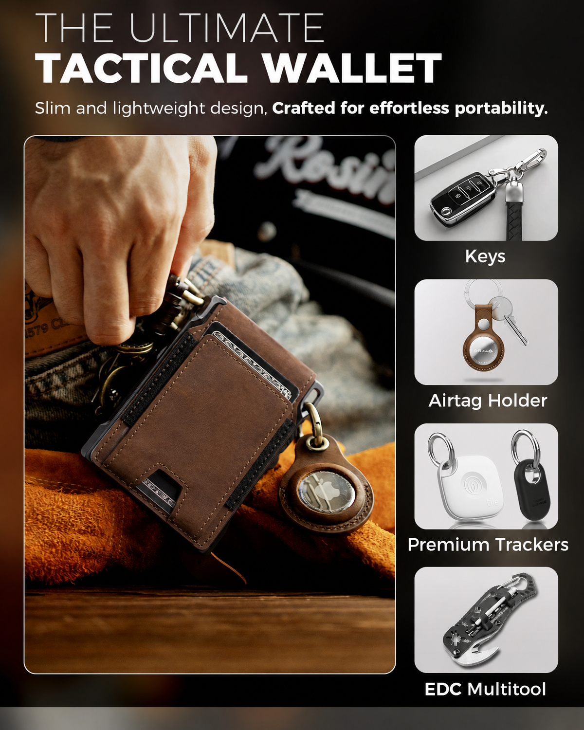 Brown tactical wallet with key, AirTag holder, tracker, and multitool accessory examples