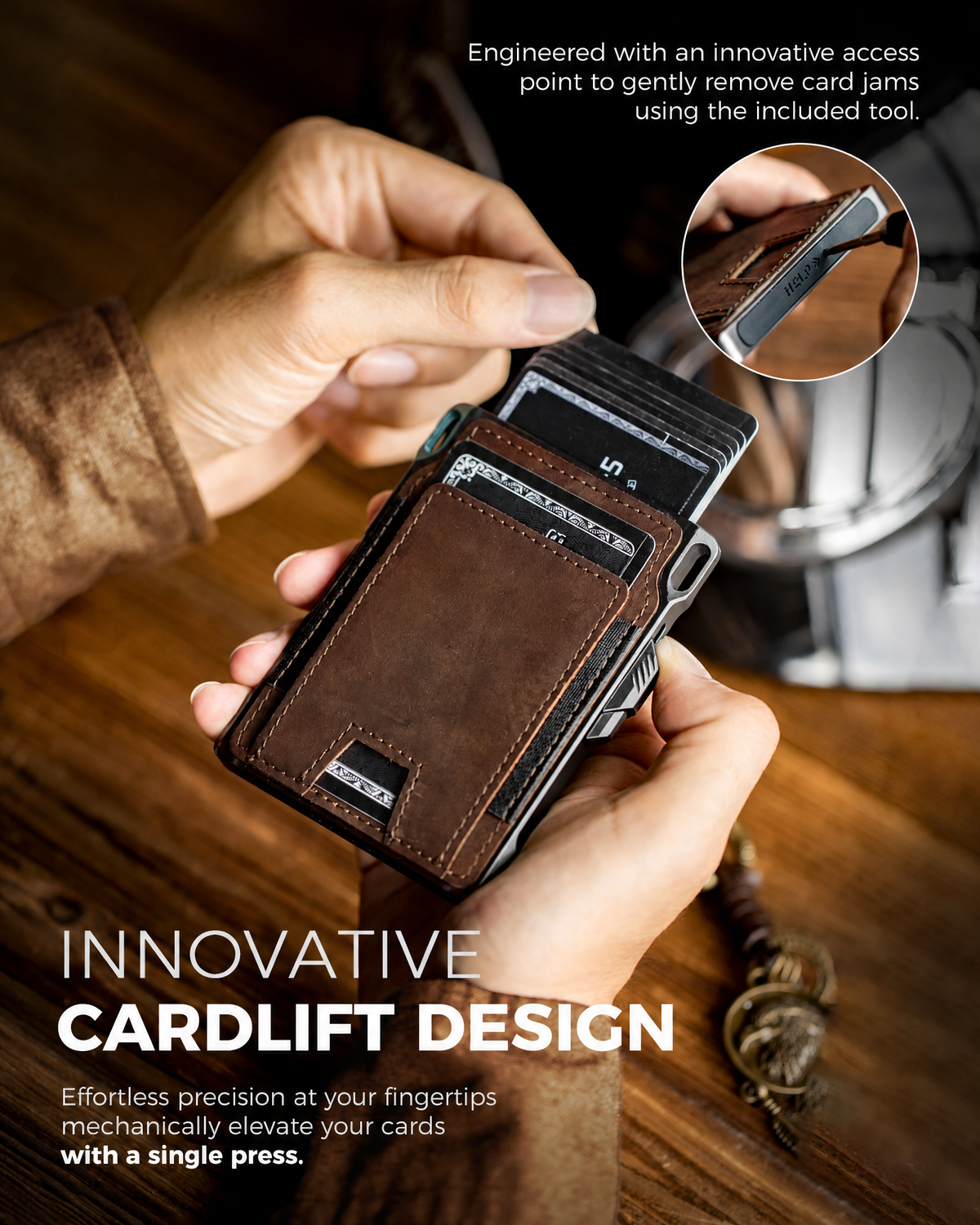 Brown tactical wallet with cards lifted by hand and inset showing access point tool