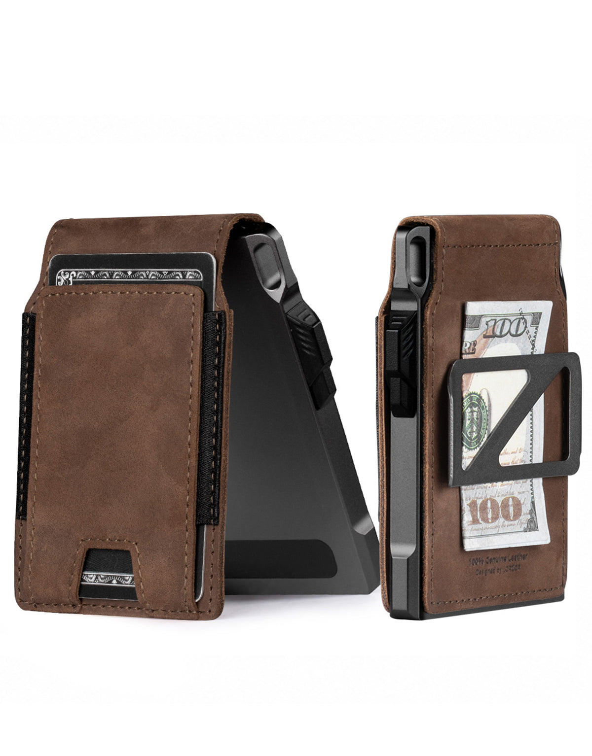 Dark brown folding leather wallet shown with card pocket and cash holder