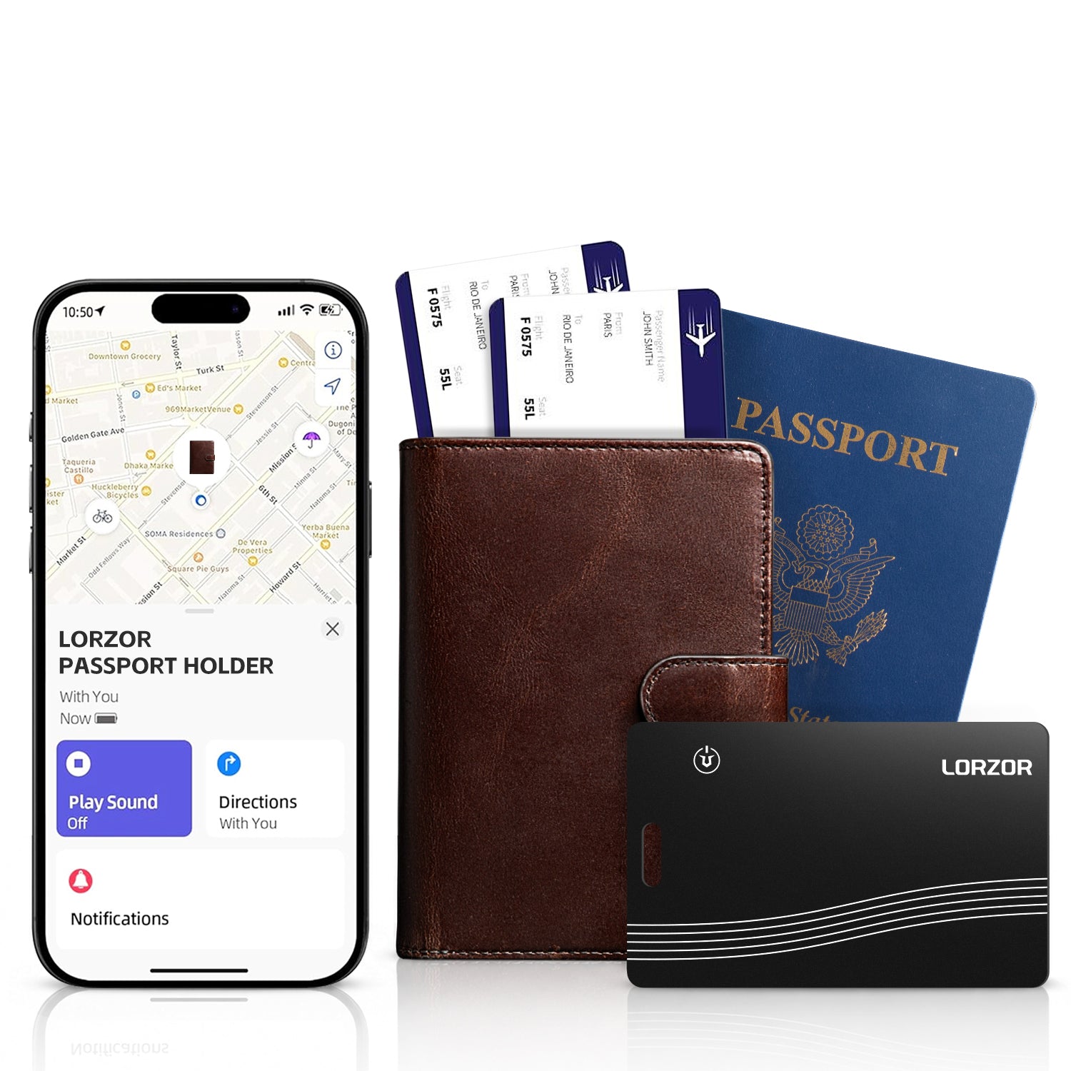 LORZOR Passport Wallet & Tracker Card Set Brown