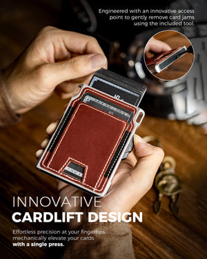 Cardlift mechanism of the LORZOR tactical wallet elevating cards for quick access.