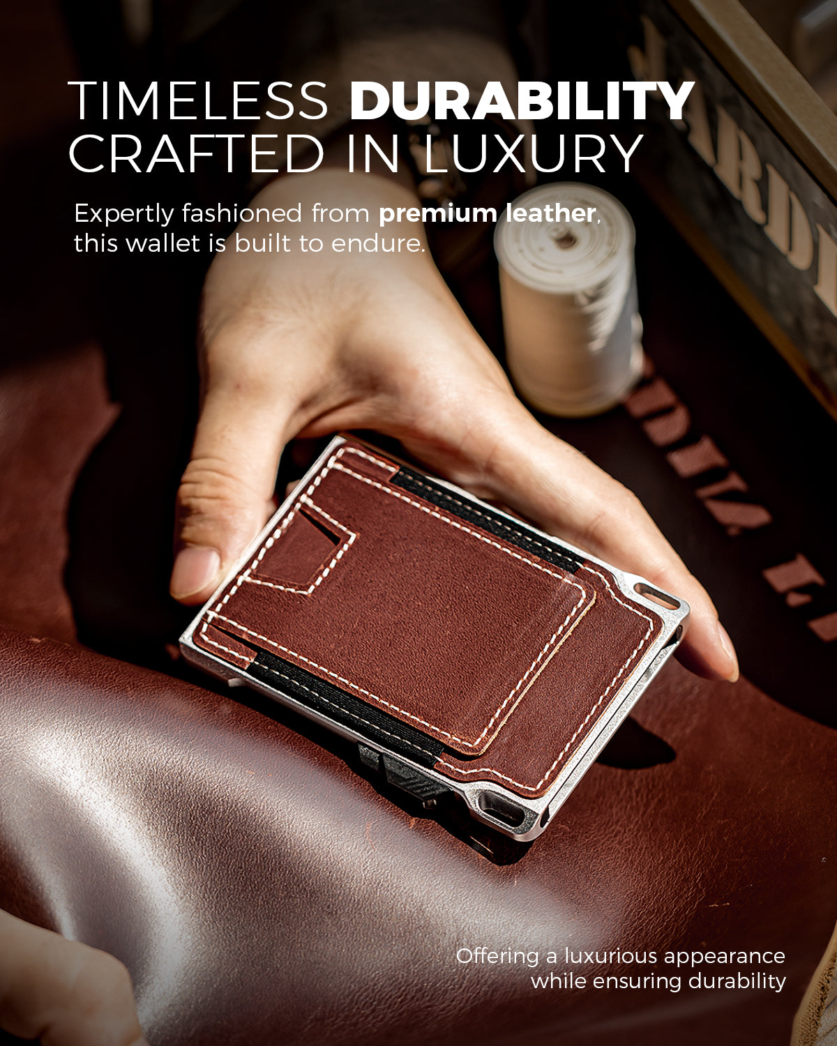 Close-up of genuine leather texture and stitching on the LORZOR tactical wallet.