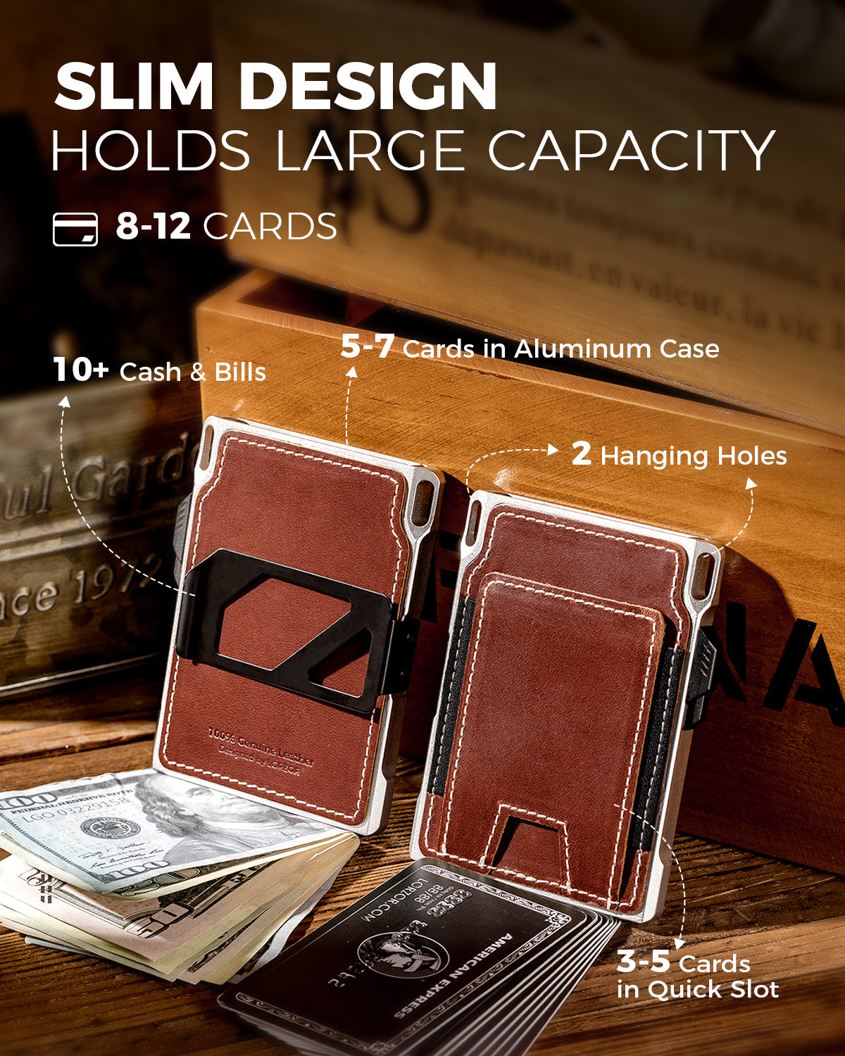 Capacity layout showing card slots, aluminum case storage, and cash space of the LORZOR tactical wallet.