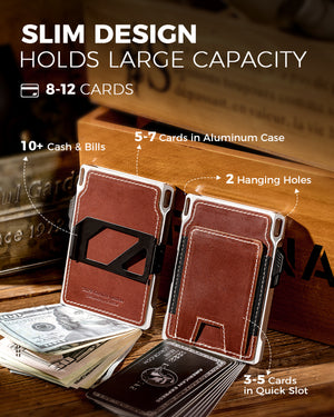 Capacity layout showing card slots, aluminum case storage, and cash space of the LORZOR tactical wallet.