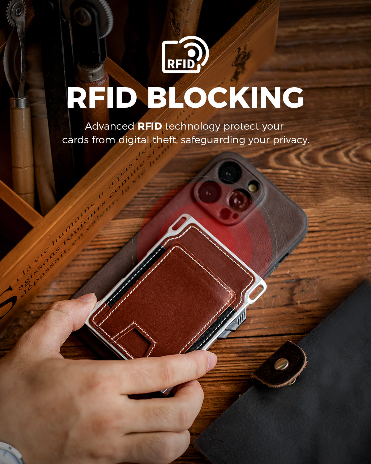 LORZOR tactical wallet shown with RFID blocking illustration protecting cards from wireless scanning.