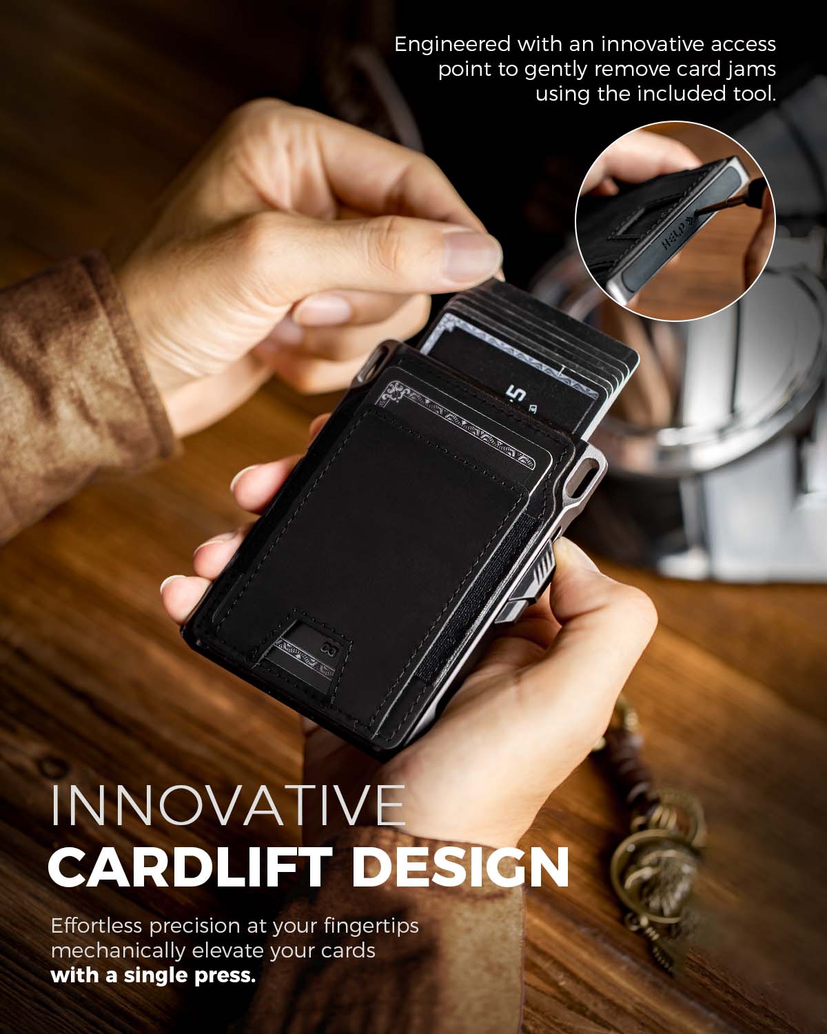 Cards partially elevated from the wallet using the mechanical card lift system.