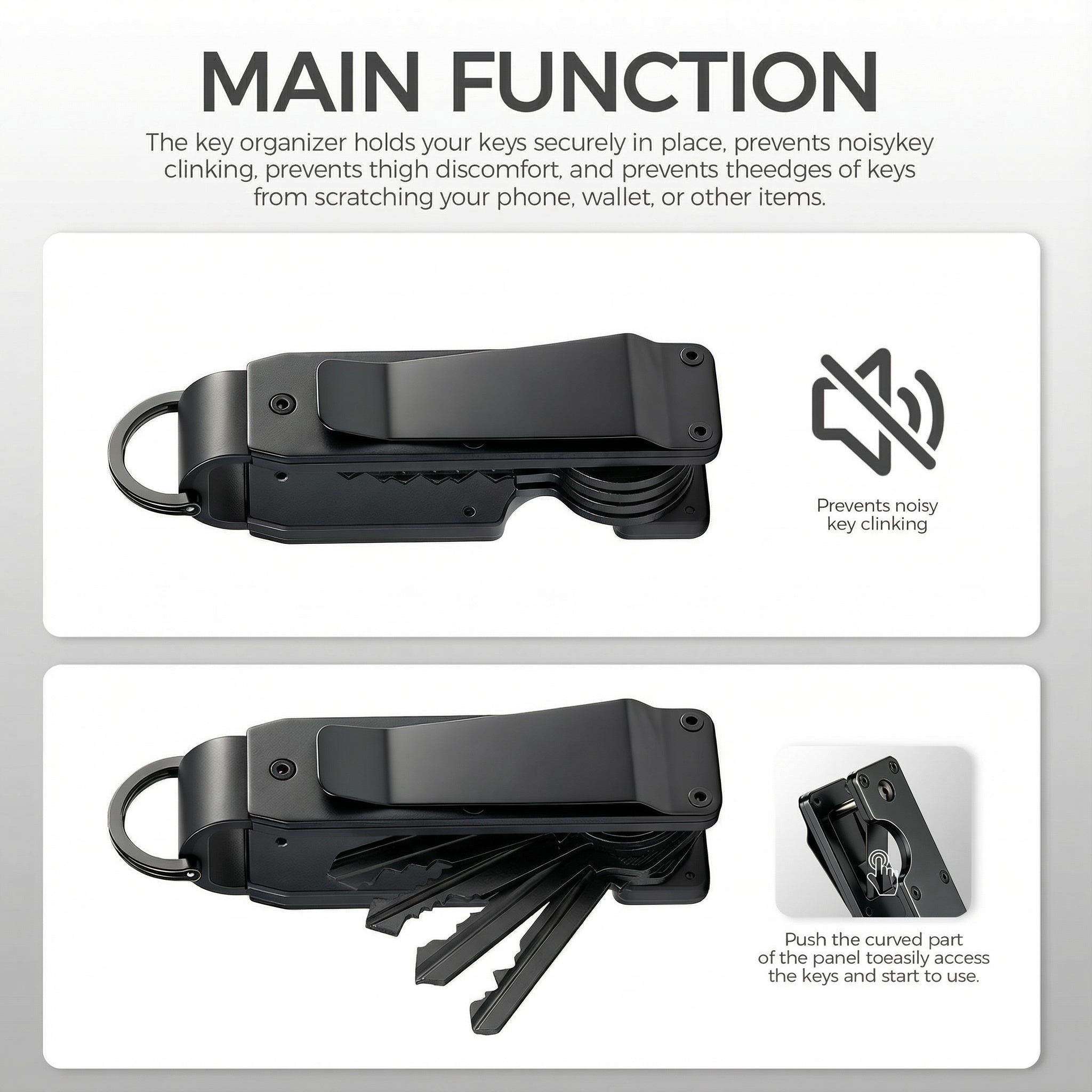 Side views comparing the organizer in a closed position and with keys partially accessed.