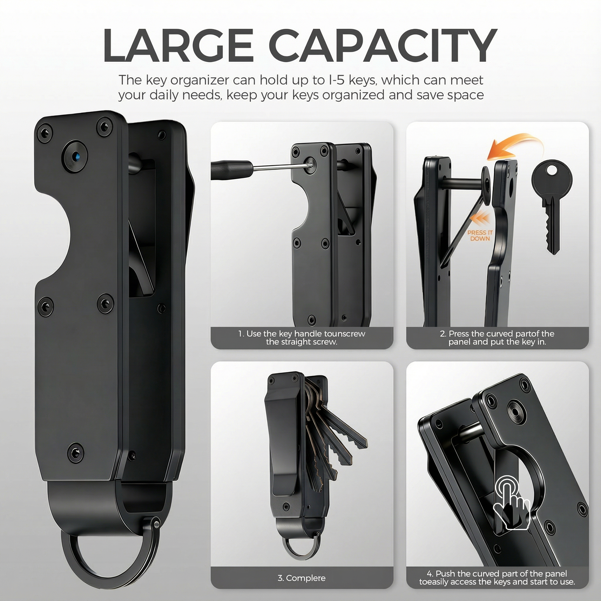 Step-by-step visual guide illustrating how keys are installed and secured inside the organizer.