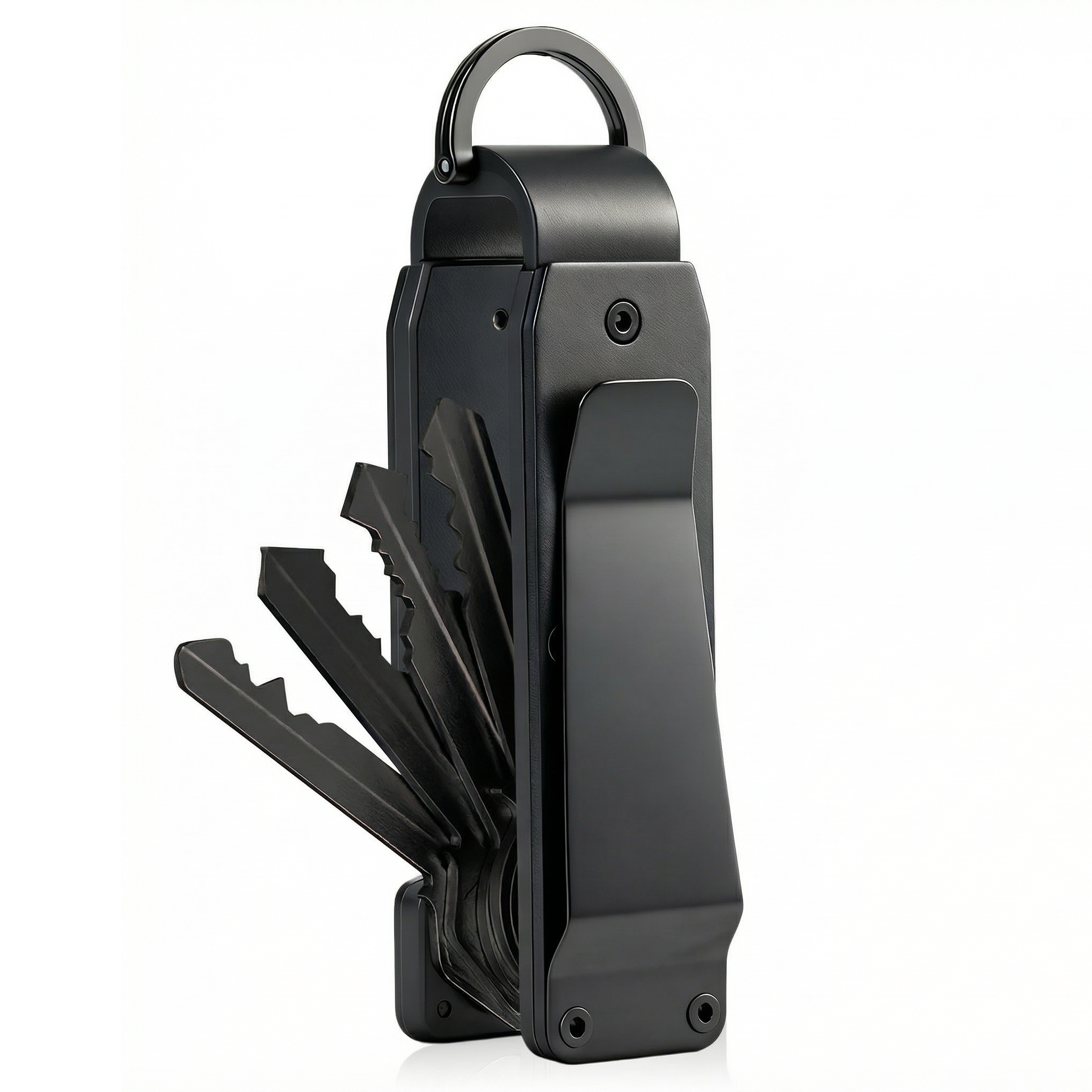 Key organizer shown on a white background with multiple keys unfolded from the internal pivot.