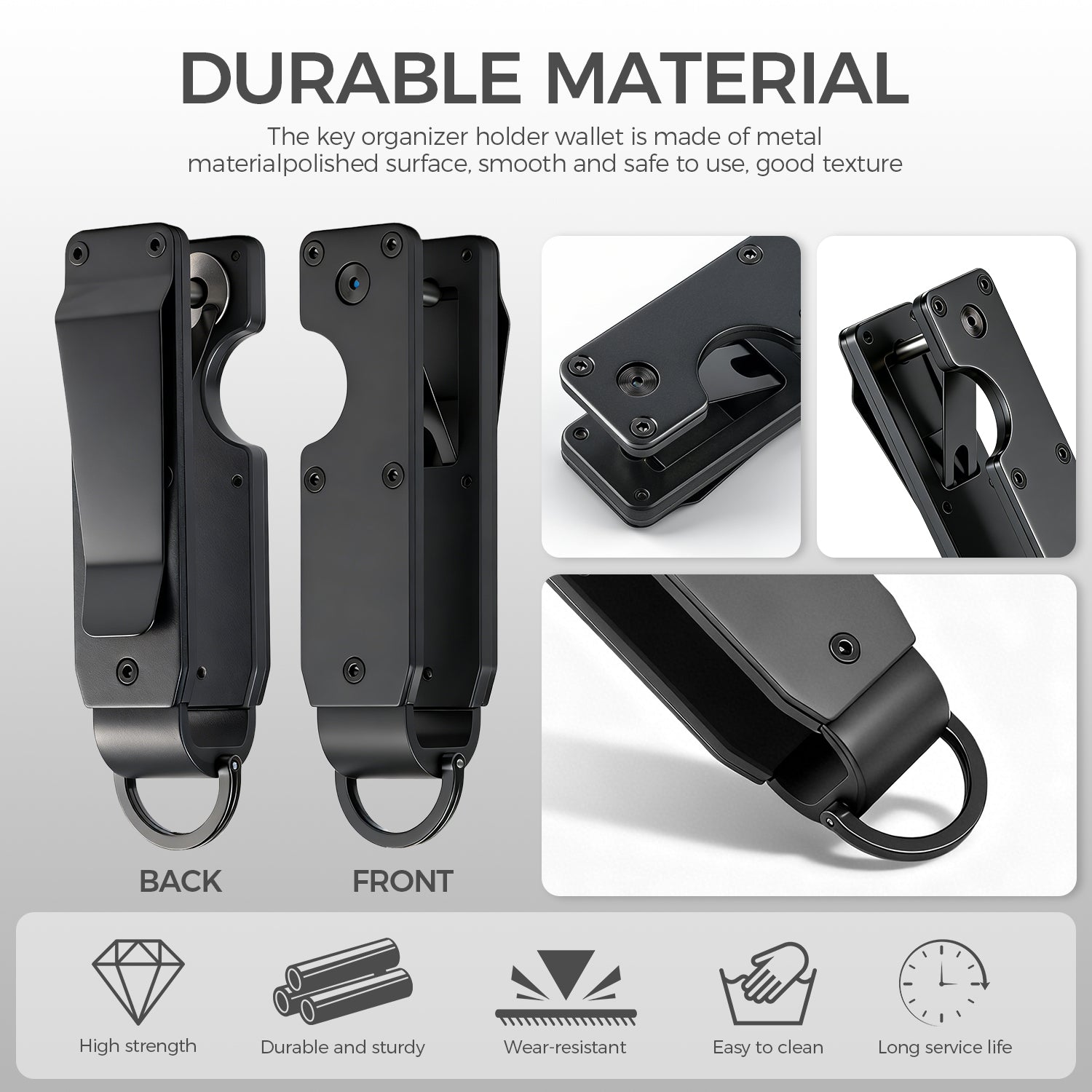 Multiple angle views highlighting the metal construction, screws, edges, and ring attachment of the key organizer.