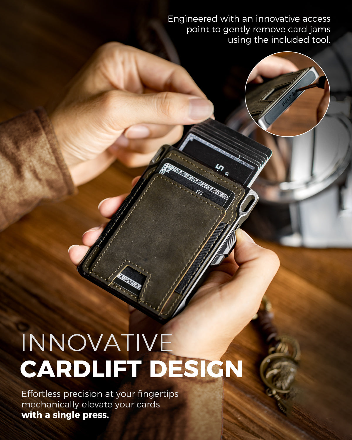 Cardlift mechanism of a military green LORZOR tactical wallet showing cards elevated for quick access.