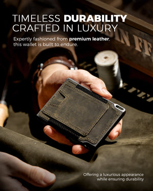 Close-up of military green genuine leather surface and stitching on the LORZOR tactical wallet.