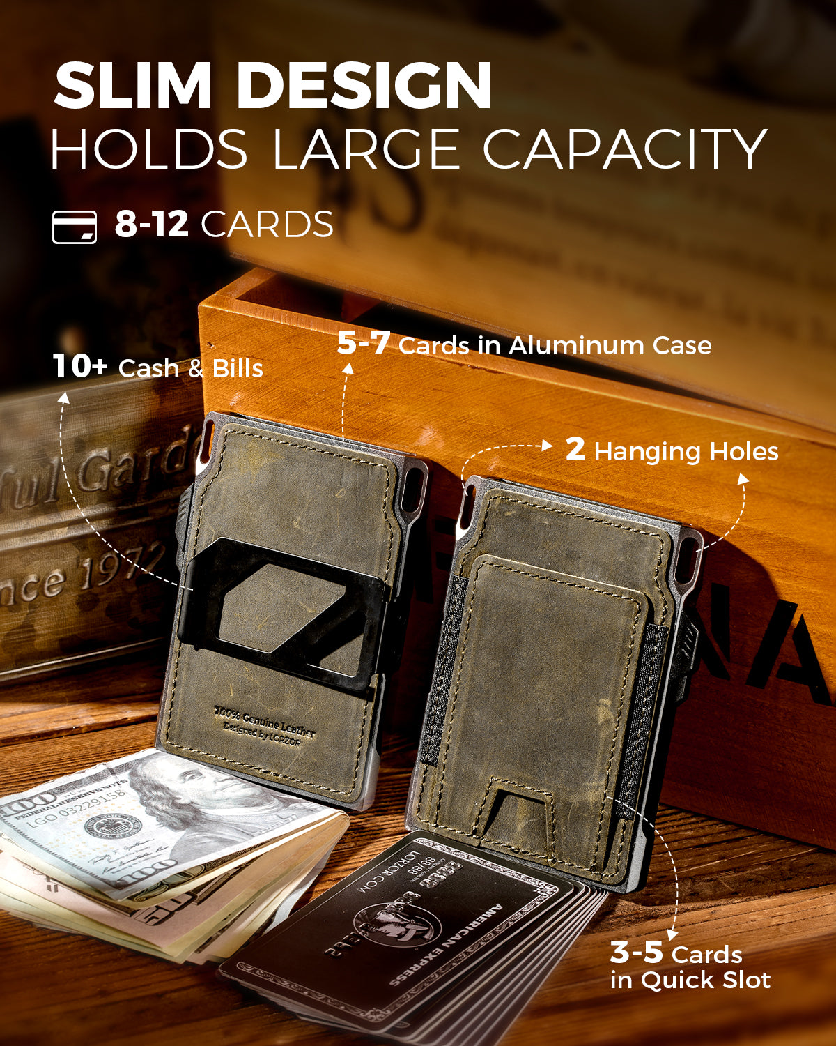 Capacity layout showing card slots, aluminum case storage, and cash compartment of the military green LORZOR tactical wallet.