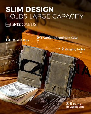 Capacity layout showing card slots, aluminum case storage, and cash compartment of the military green LORZOR tactical wallet.
