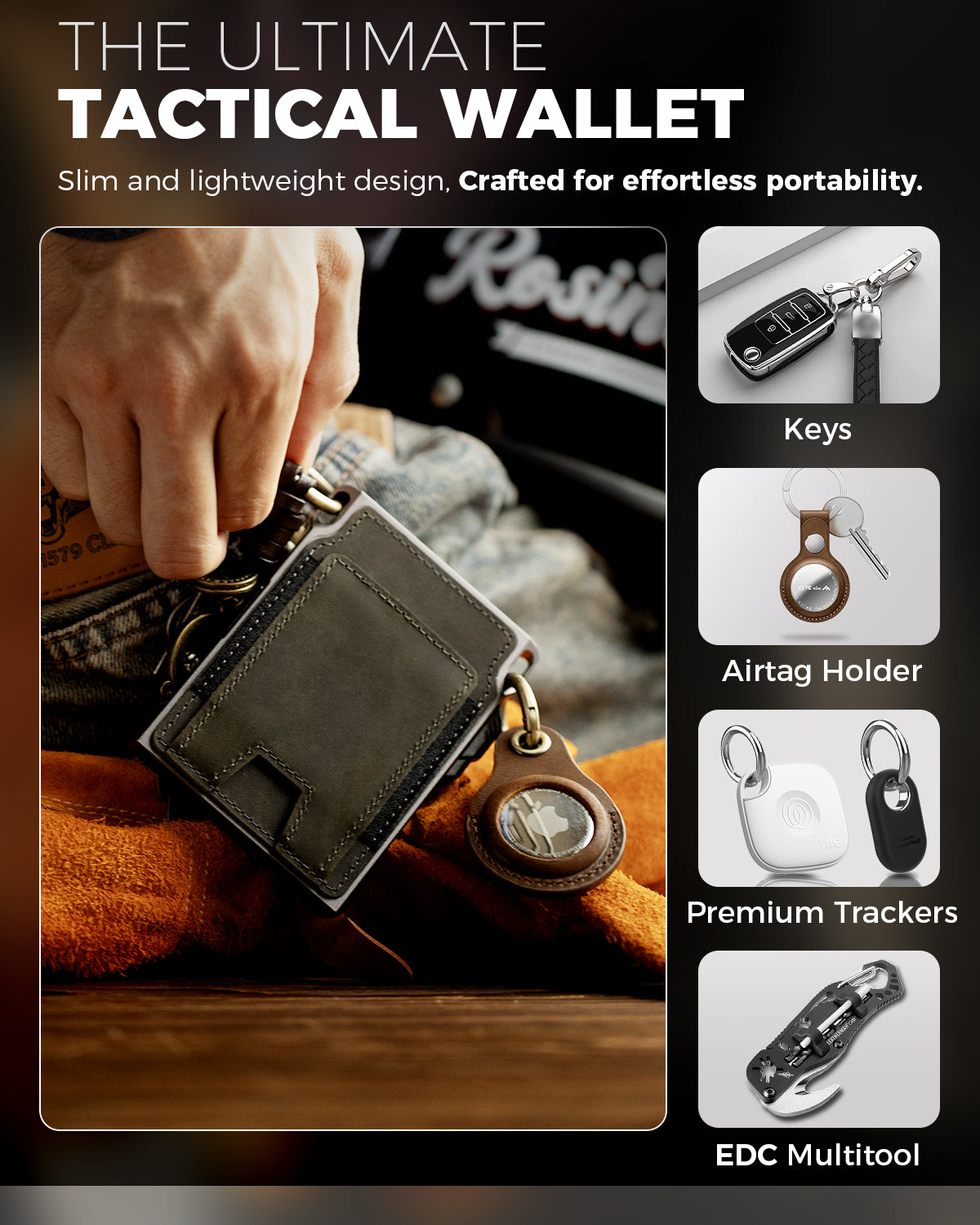 Military green LORZOR tactical wallet attached with keys and EDC accessories using hanging holes.