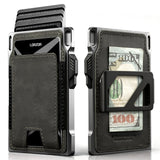 Front and back view of a military green LORZOR tactical wallet showing card storage and cash clip