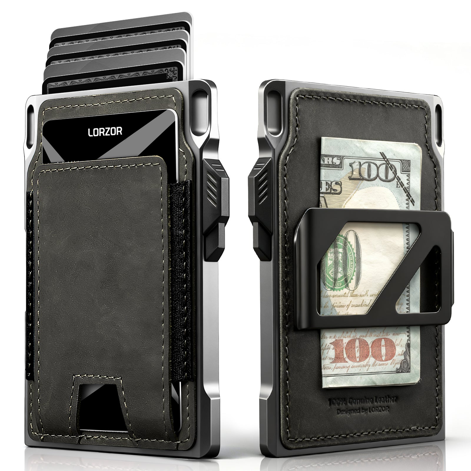 Front and back view of a military green LORZOR tactical wallet showing card storage and cash clip