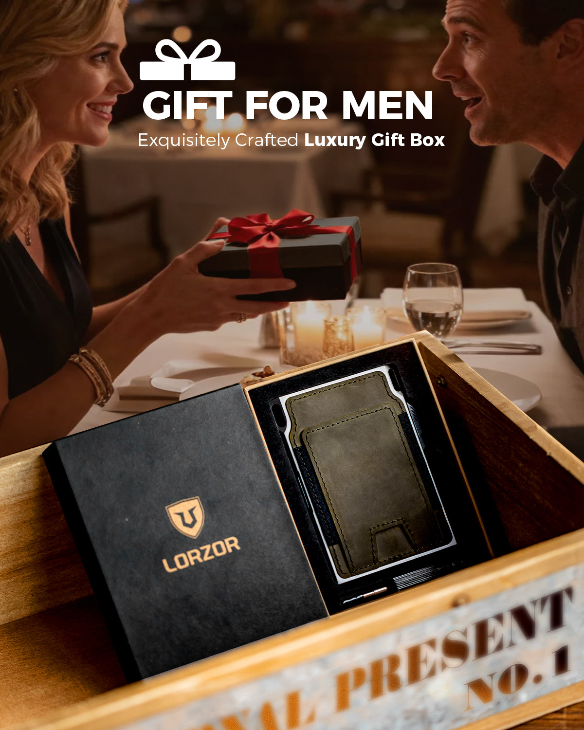 Military green LORZOR tactical wallet presented in a gift box suitable for gifting.