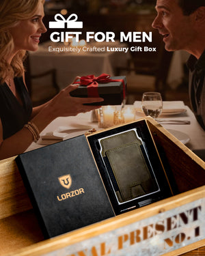 Military green LORZOR tactical wallet presented in a gift box suitable for gifting.