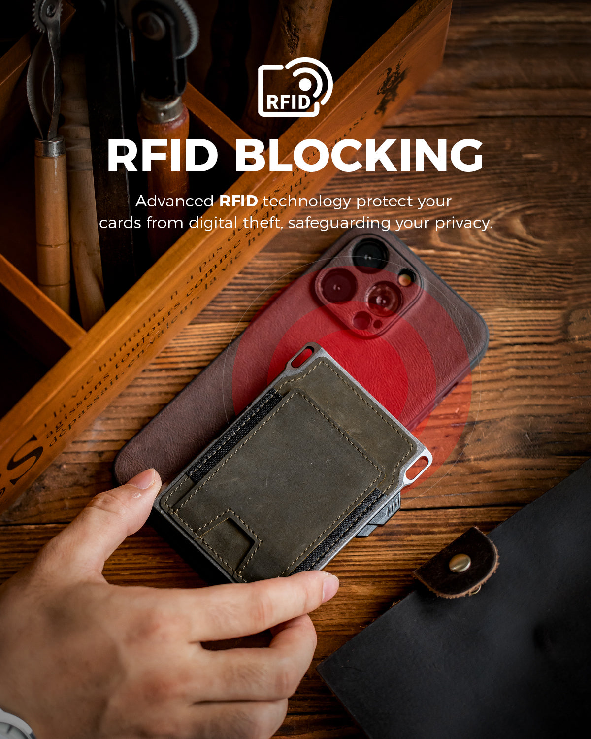 Military green LORZOR tactical wallet shown with RFID blocking illustration protecting cards from wireless scanning.