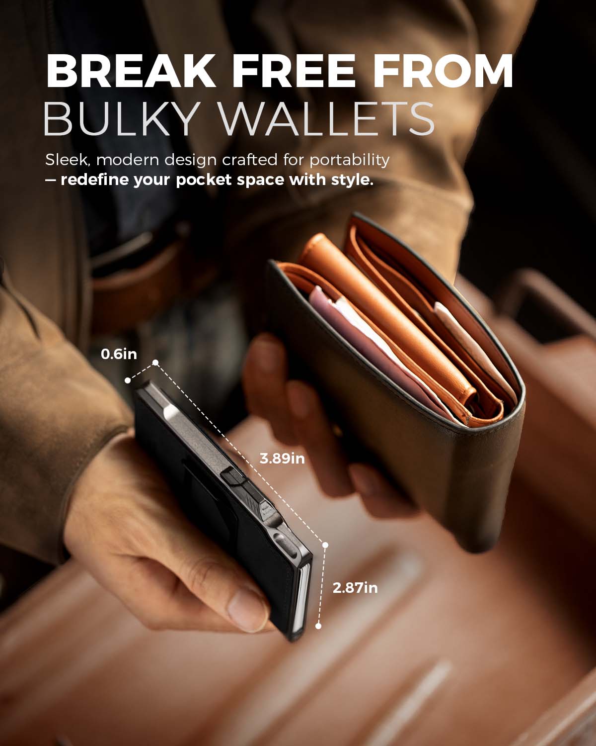 Side-by-side comparison highlighting the slim wallet profile against everyday carry items.