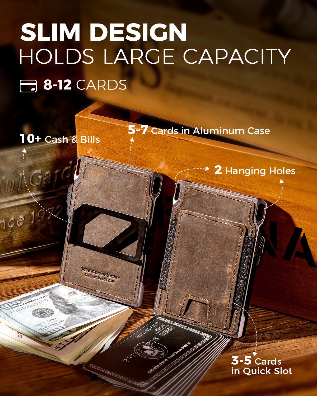 LORZOR slim tactical wallet capacity illustration showing card slots and cash storage
