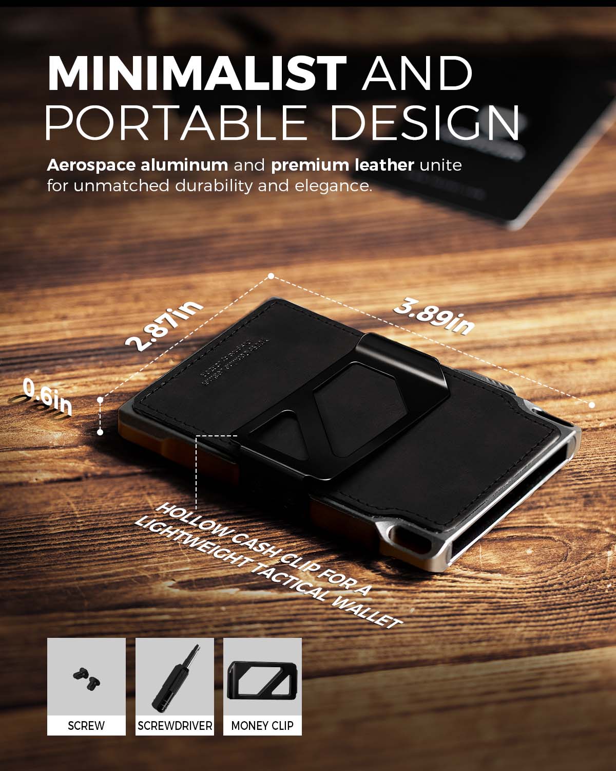 Dimension diagram showing wallet length, width, and thickness labeled on the body.