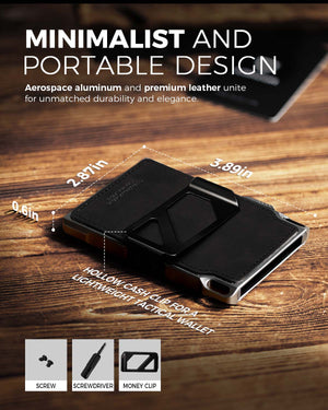 Dimension diagram showing wallet length, width, and thickness labeled on the body.