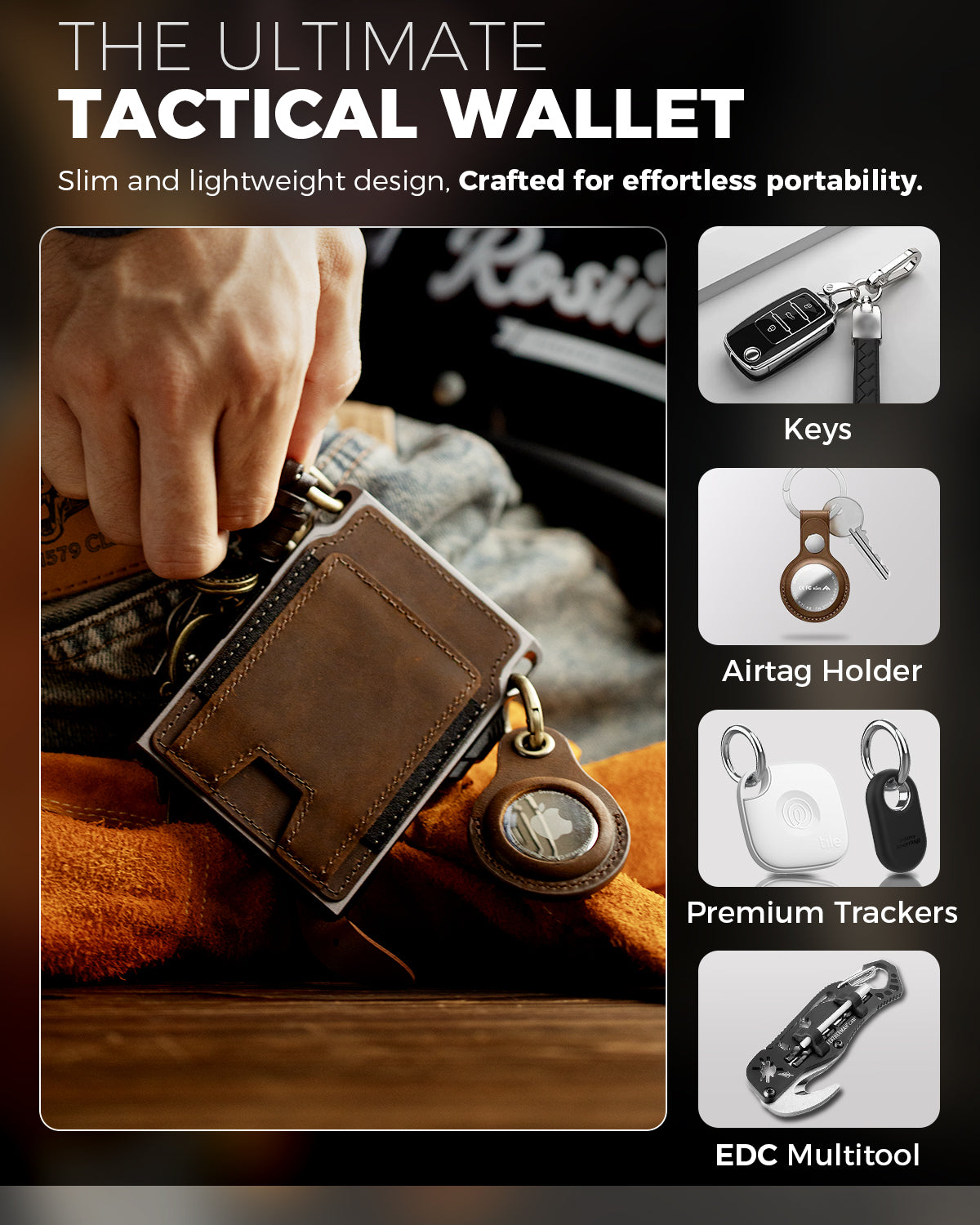 LORZOR tactical wallet attached to keys and AirTag showing versatile EDC carry options
