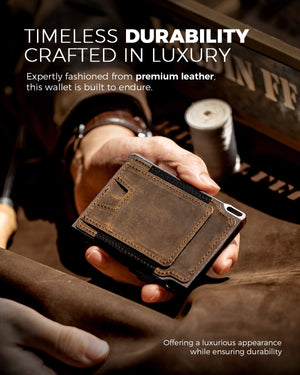 Close-up of LORZOR tactical wallet showing full-grain leather texture and durable craftsmanship
