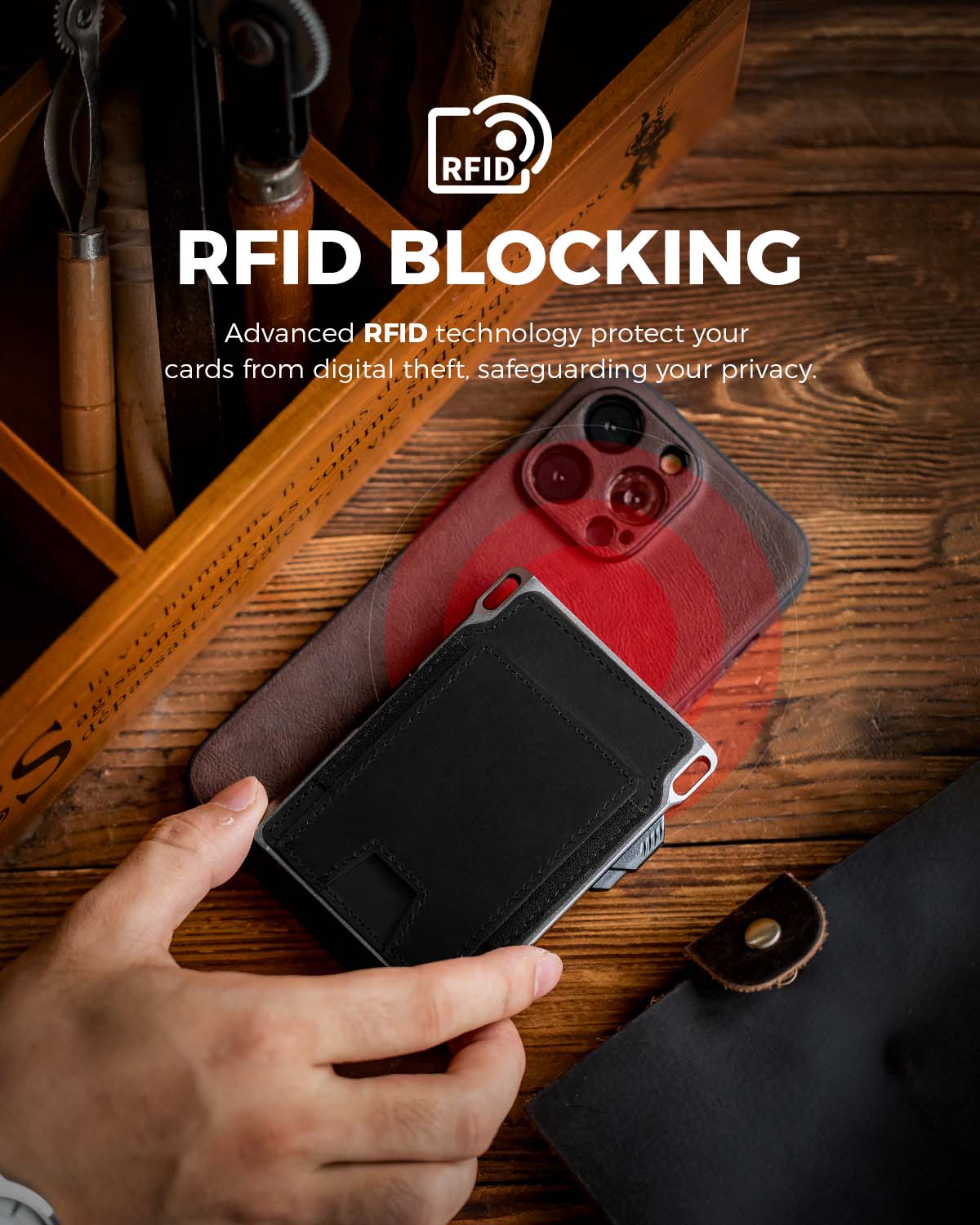 Wallet placed near a smartphone with visual signal waves indicating RFID shielding.