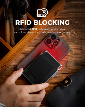 Wallet placed near a smartphone with visual signal waves indicating RFID shielding.