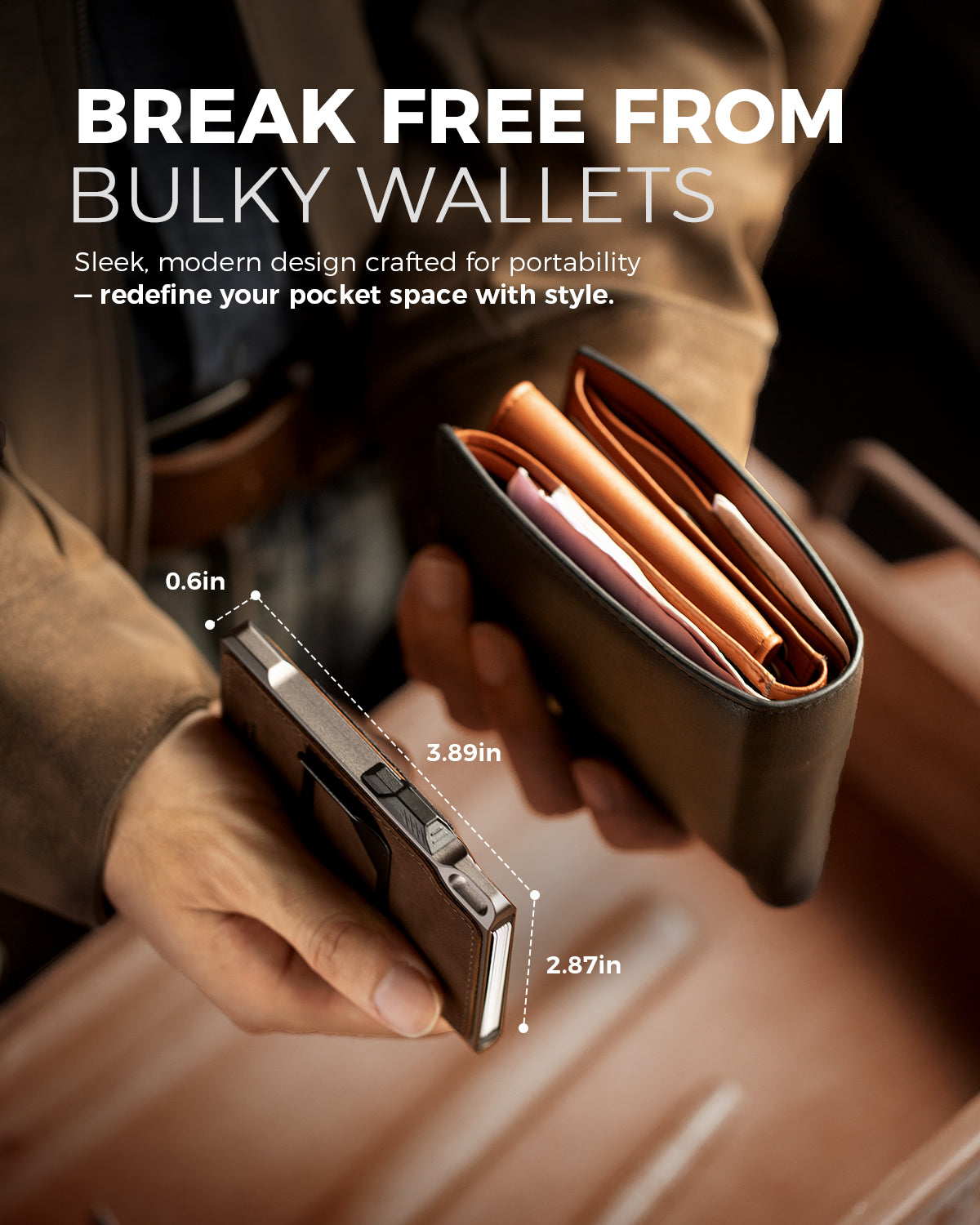 LORZOR slim tactical wallet compared with a bulky traditional wallet showing reduced thickness
