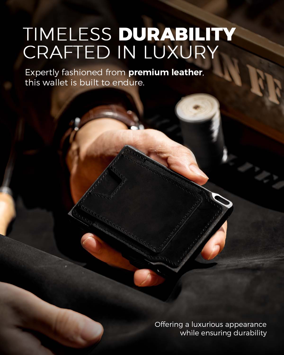 Vertical profile view focusing on the wallet’s thin edge and compact thickness.