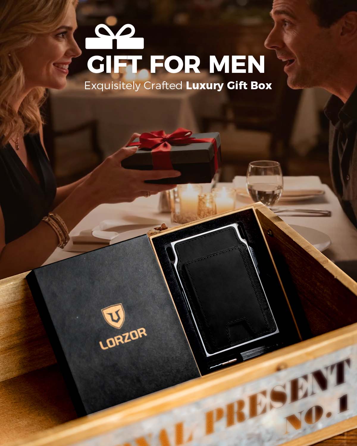 Wallet displayed inside a presentation box during a gift-giving scene.