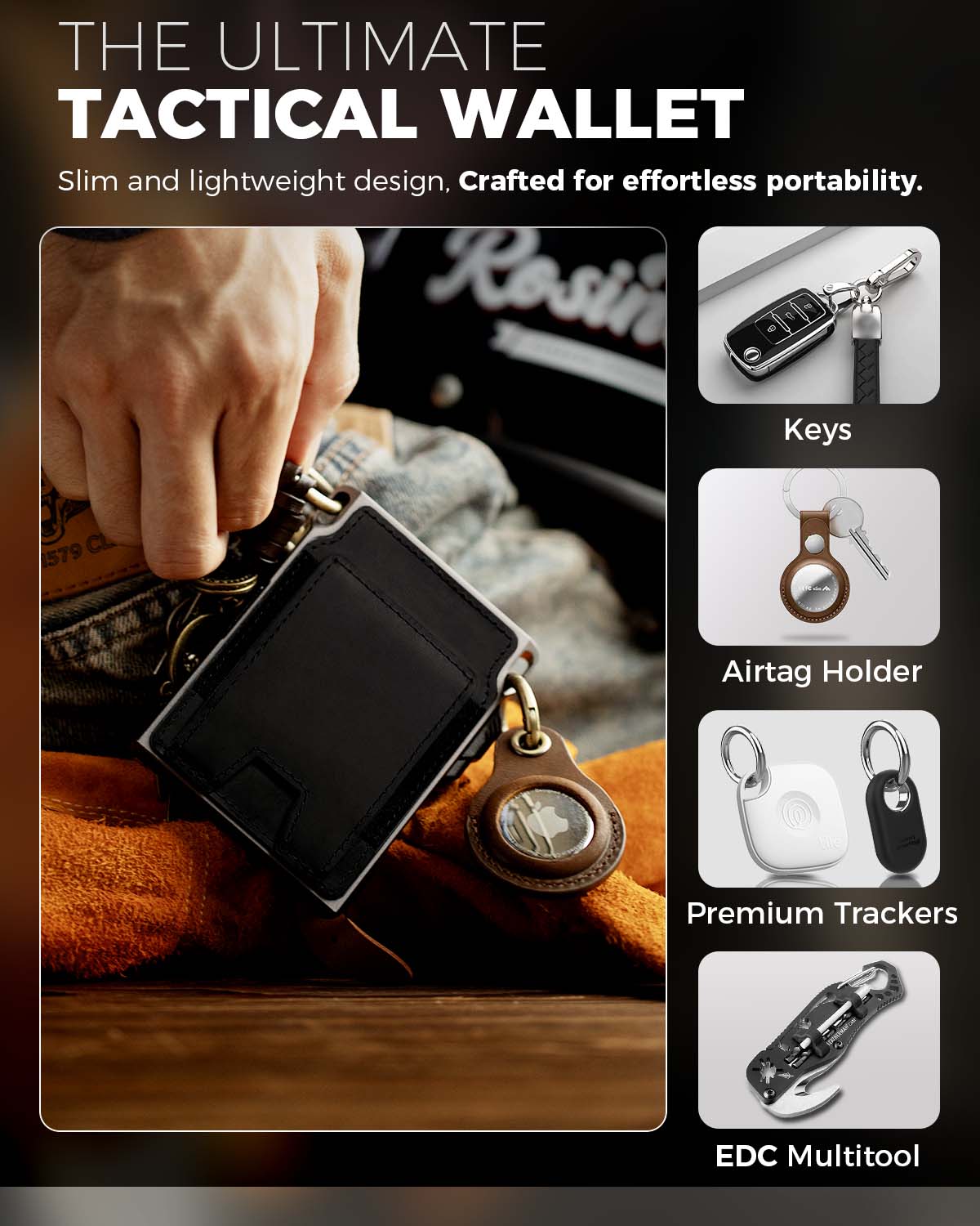 Wallet connected to keys through integrated hanging holes during everyday carry use.