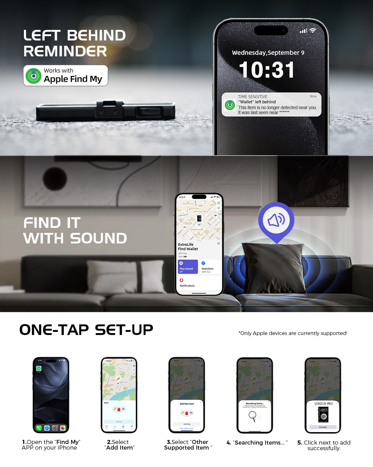 Visual interface demonstrating wallet tracking features through Apple Find My, including left-behind alerts and sound location.