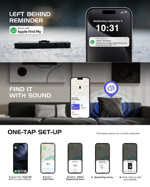 Visual interface demonstrating wallet tracking features through Apple Find My, including left-behind alerts and sound location.