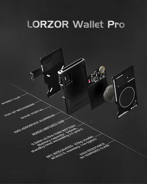 Exploded view illustrating separated layers of a black metal wallet including clip, shell, internal board, and card plate.