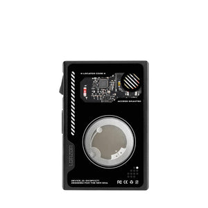 Closed black wallet shown front-on against a white background with the back panel fully covered