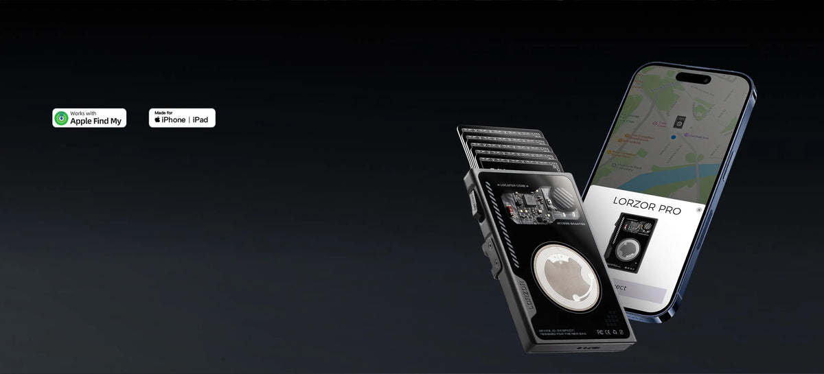 Desktop homepage banner presenting Wallet Pro with pop-up cards next to a smartphone displaying its location through Apple Find My.