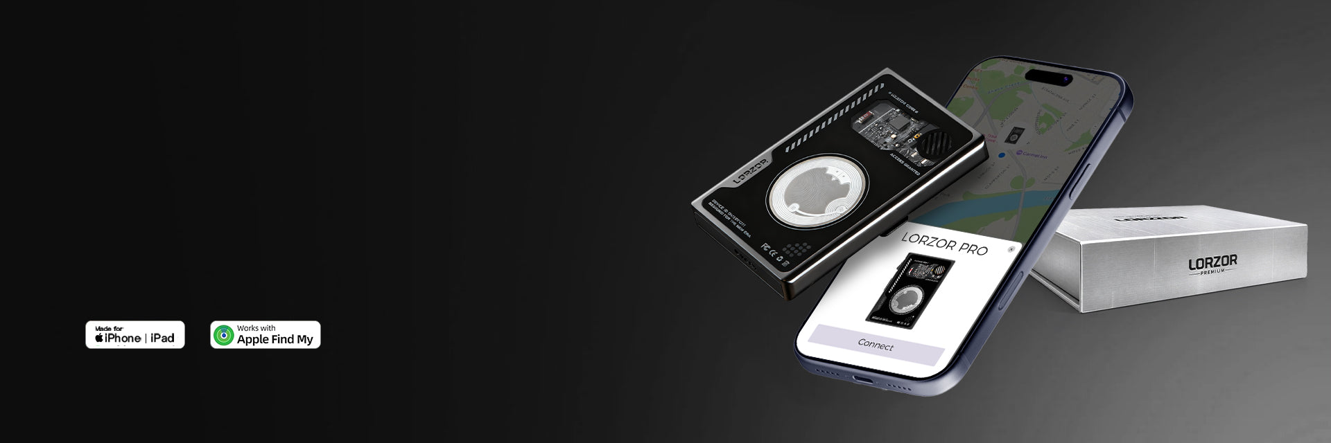 Wide composition showing a wallet positioned beside a smartphone with a map screen, accompanied by the product box in a minimal background layout.