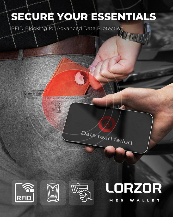 LORZOR Slim Minimalist Front Pocket Mens Wallet with Money Clip for Apple Air Tag - LORZOR