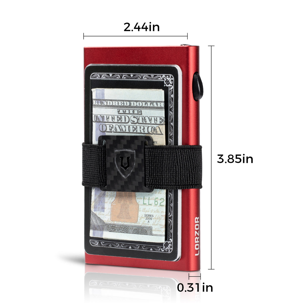 Red aluminum card wallet with cash strap shown with 2.44 in by 3.85 in dimensions