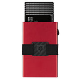 Red aluminum card wallet with cards fanned out and black cash strap
