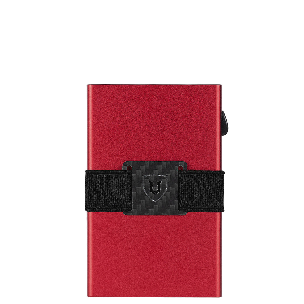 Front view of red aluminum card wallet with black cash strap