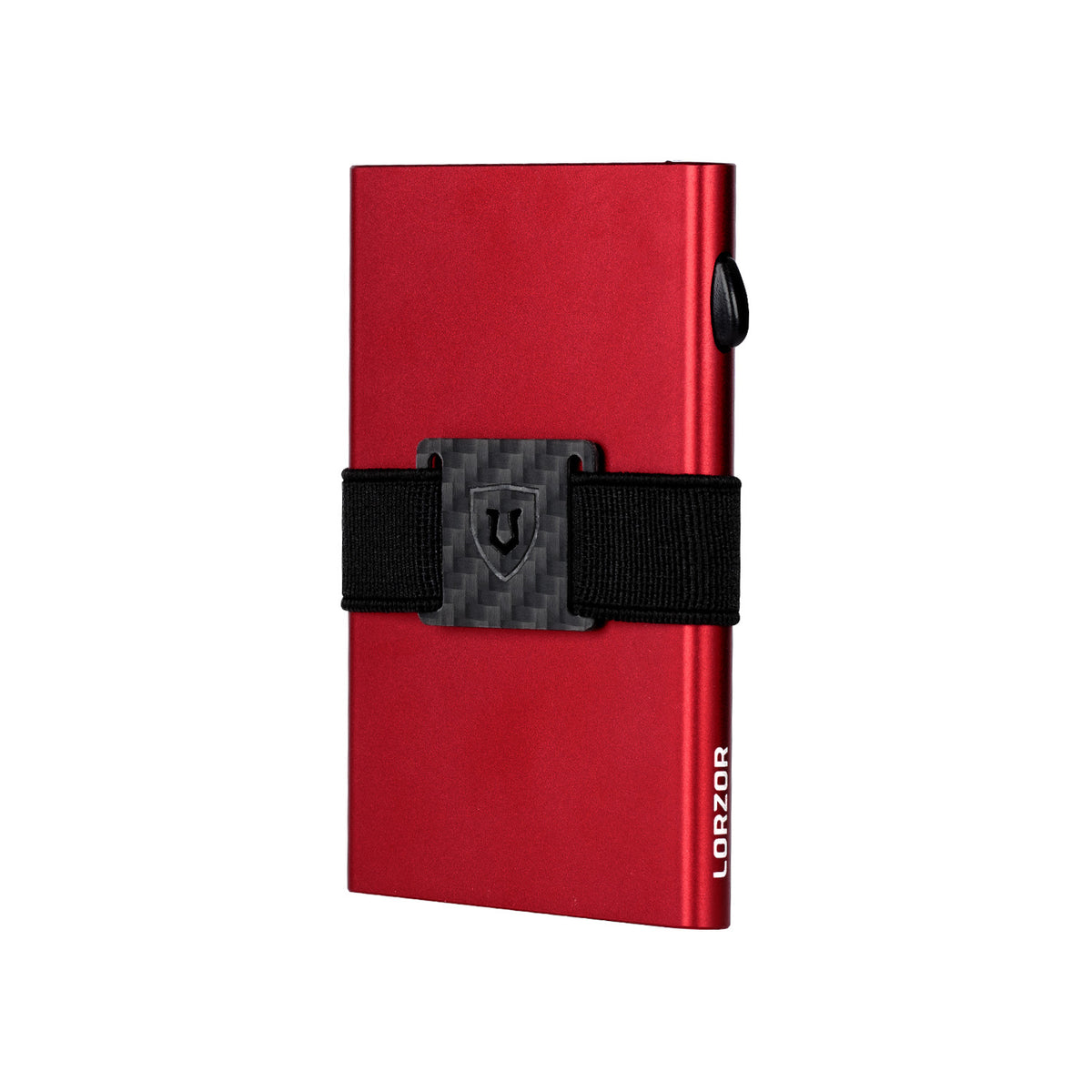 Angled view of red aluminum card wallet showing side trigger button and black strap