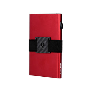Angled view of red aluminum card wallet showing side trigger button and black strap