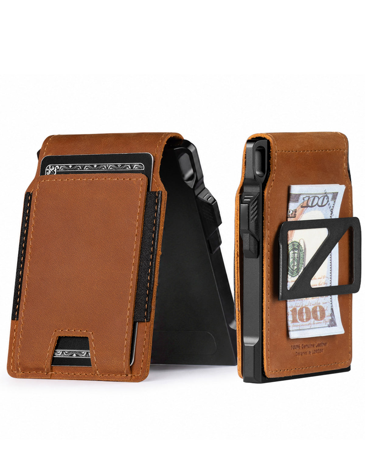 Tan folding leather wallet shown with card pocket and cash holder views